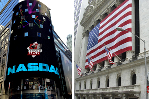 The WSR logo displayed on the NASDAQ MarketSite tower in Times Square, beside the flag-draped facade of the New York Stock Exchange