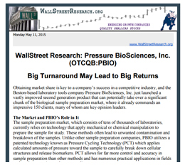 Front page of a WallStreet Research newsletter on Pressure BioSciences